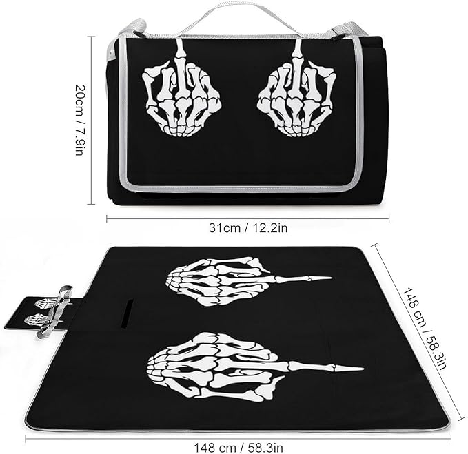 Vintage Halloween Black Victorian Gothic Skull Damask Waterproof Outdoor Picnic Blanket Sandproof Beach Mat for Camping Hiking Grass Travelling