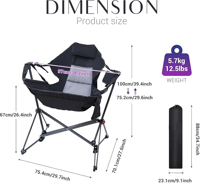 Hammock Chair Camping Rocking Chairs Swing Hammock Chair Adjustable Back Portable with Cup Holder Pillow and Carry Bag for Camping Outdoor Patio (1)