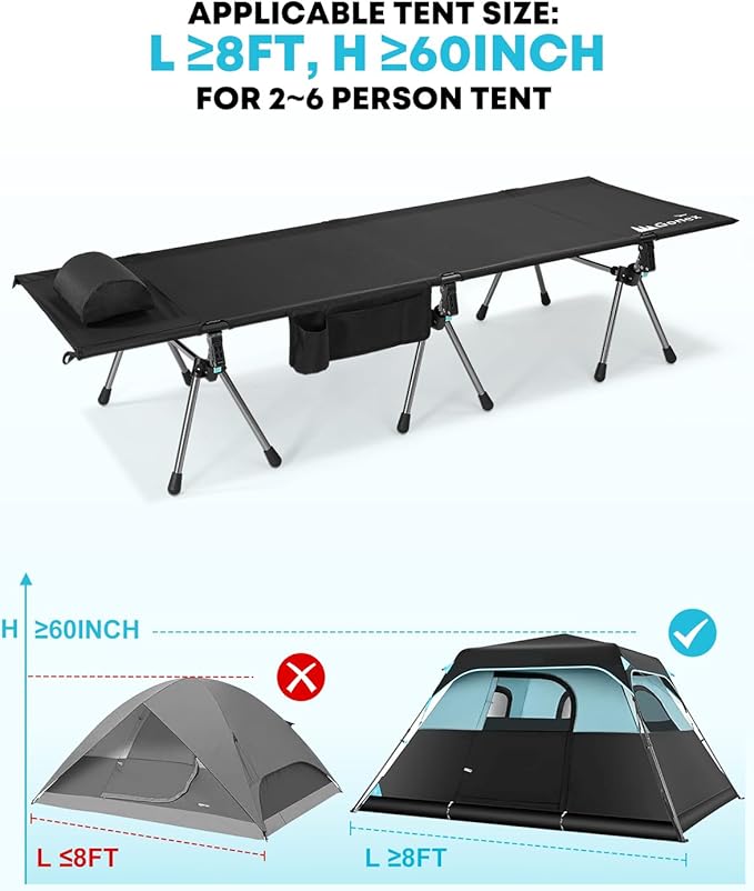 Gonex Camping Cot with Leg Extenders 2 in 1 Portable Ultralight Folding Cot for Adults Adjustable Height Supports 350lbs Sleeping Bed for Backpacking Travel Beach Home 74.8x27.5(Black 1 PCS)