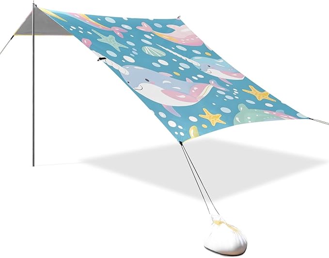 Seamless Pattern Narwhal Under The Sea Camping Sun Shelter Beach Tent Portable Beach Sun Shade Outdoor Canopy for Camping Trips Fishing Picnic