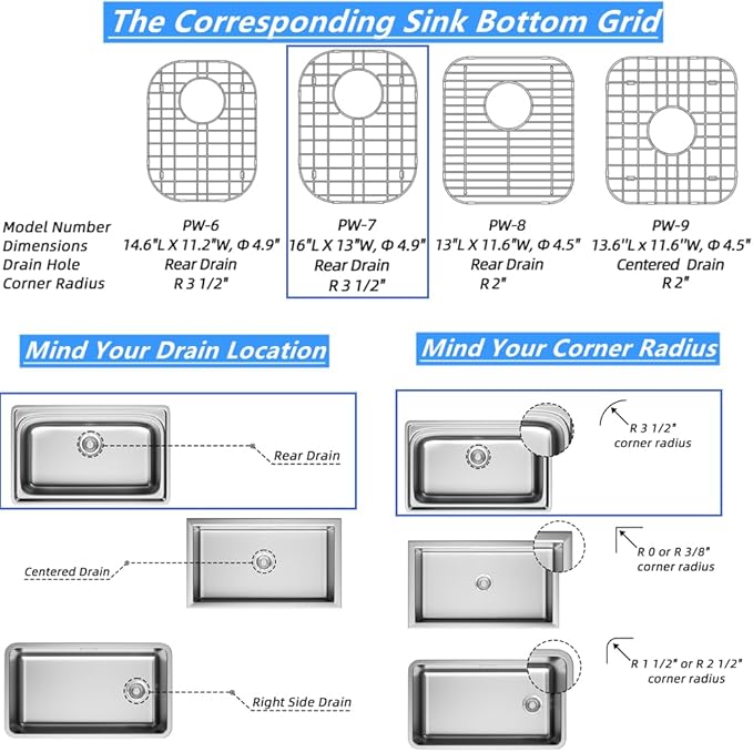 Kitchen Sink Bottom Grid Protector 16.1L X 13W Stainless Steel Sink Grate with Rear Drain Universal Metal Sink Rack for Kitchen Double Bowl Sink