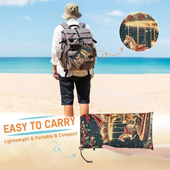 Carousel Horse Beach Blanket Sandproof Beach Mat 68 x 59 Waterproof Quick Drying Sand Free Mat with 4 x Ground Spikes for Outdoor Travel Camping Hiking Amusement Park Christmas