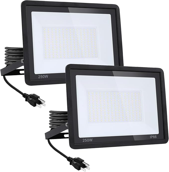 2Pack-250W LED Flood Light Outdoor27500lm LED Work Light with 6FT US PlugIP66 Waterproof Exterior Security Lights6000K Daylight White Outside Floodlights Slim design for Playground Yard Stadium