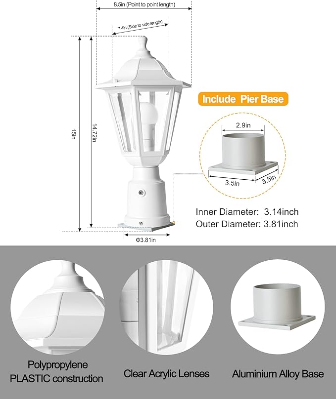 FUDESY Dusk to Dawn Outdoor Post Light White Modern Exterior Post Lantern with Pier Mount Base Plastic Waterproof Lamp Light Fixture for Garden Yard Patio Pathway LED Bulb Included