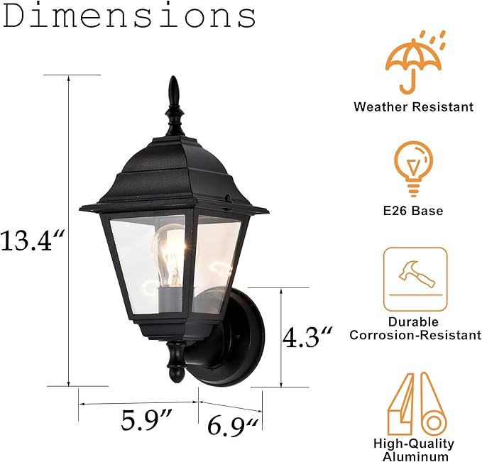 Outdoor Wall Sconce 2 Pack Black Waterproof Front Porch Light with Clear Glass Weather-Resistant Aluminum Sconce for Garage Patio Garden Front Door E26 Bulb (Bulbs Not Included)