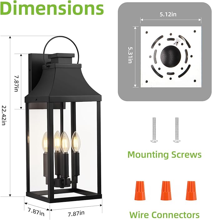 tewei 22'' Large Outdoor Wall Light Porch Light Outdoor Wall Sconce Lantern 4-Light Modern Black Exterior Lighting Fixture Wall Mount Outside Light for House Garage 1-Pack