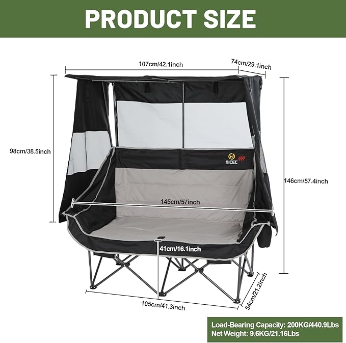 Nice C Heated Double Camping Chair with Canopy Heated Outdoor Sports Folding Chair with Battery Portable Padded Umbrella Chairs with Shade Cup Holder Cooler Bag Loveseat for Lawn Outdoors
