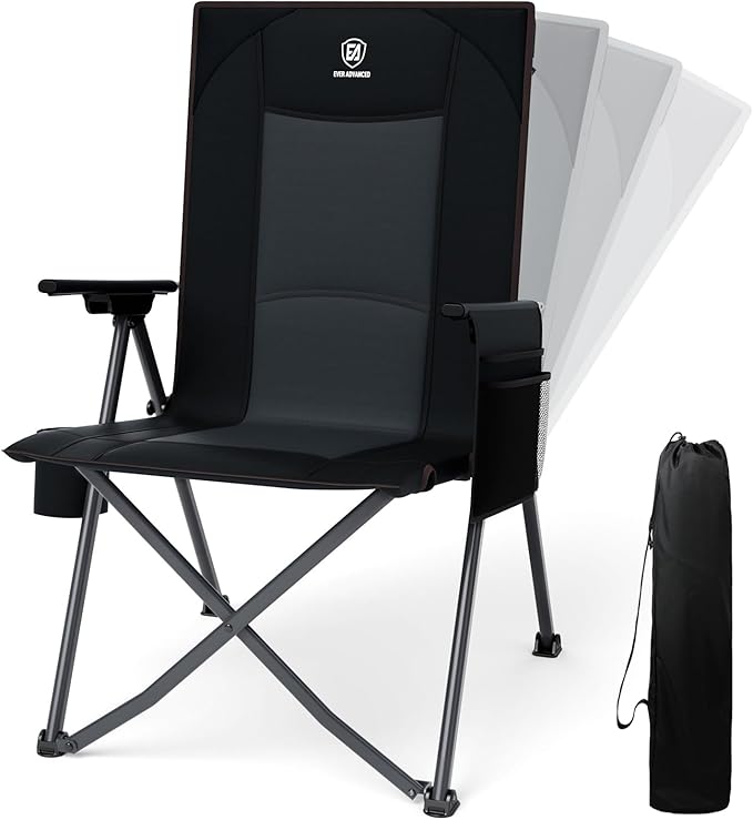 EVER ADVANCED Reclining Camping Chairs for Adult Lightweight Folding Recliner Chair with Adjustable Back 4-Level Lounge Chairs Portable Lawn Chairs for Patio Balcony Supports 350lbs Black
