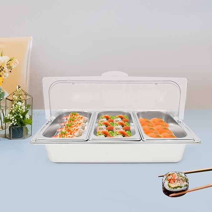 3-Compartment Stainless Steel Food Display Server with Clear Roll-Top Lid &amp Buckles Countertop Buffet Pan for Restaurant Hotel Kitchen Party 2.38 Gal