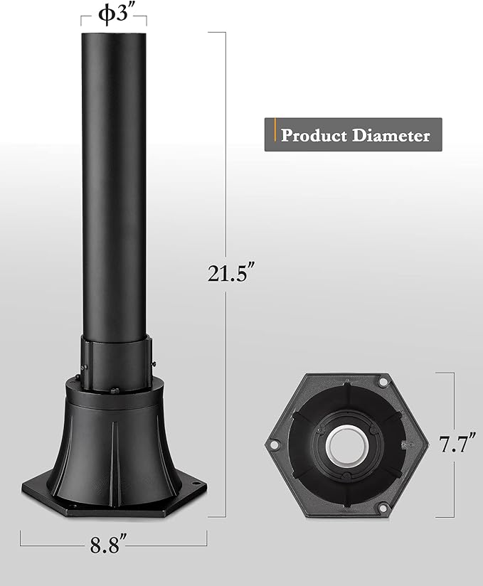 Outdoor Post Light Pole with Base HWH Outside Lamp Post Accessories Black Aluminum Mounting Pole and Base for Exterior Pathway Patio Garage Yard Garden 5HW39PA BK