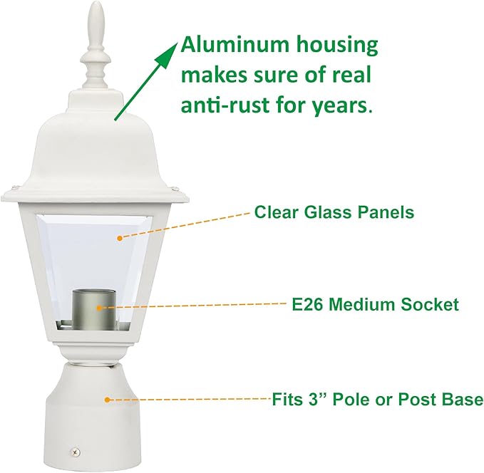 LIT-PaTH Outdoor Post Lighting Fixture Pole Lantern E26 Medium Base Max 60W Aluminum Housing Plus Clear Glass Bulb Not Included Matte White Finish 1-Pack
