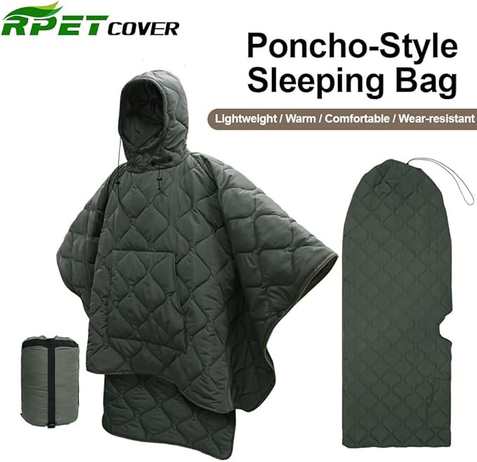 RPET Water Resistant Poncho Liner Blanket-Ideal for CampingHikingOutdoor Survivalwith Compression Sack for Easy Carry