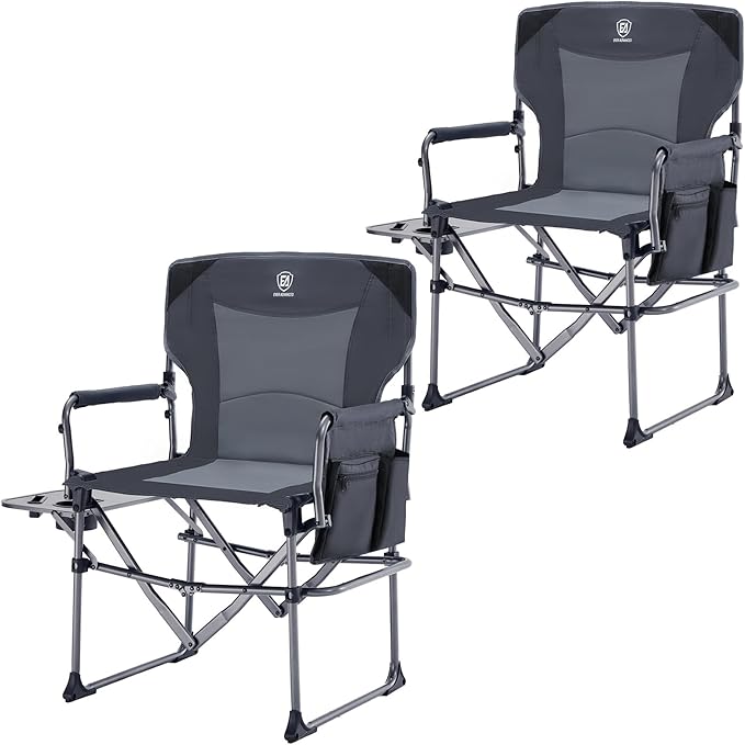EVER ADVANCED Camping Directors' Chair with Side Table Portable Folding Chair with Compact Size Heavy Duty with Pocket for Camping Lawn Sports and Fishing 400lbs Gray 2 Pack