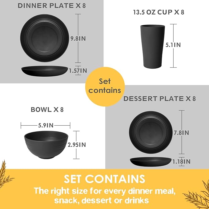 Teivio 32-Piece Kitchen Plastic Wheat Straw Dinnerware Set Service for 8 Unbreakable Modern Dish Set - Dinner Plate/Dessert Plate/Cereal Bowl/Cup for Apartment Essentials Outdoor CampingBlack