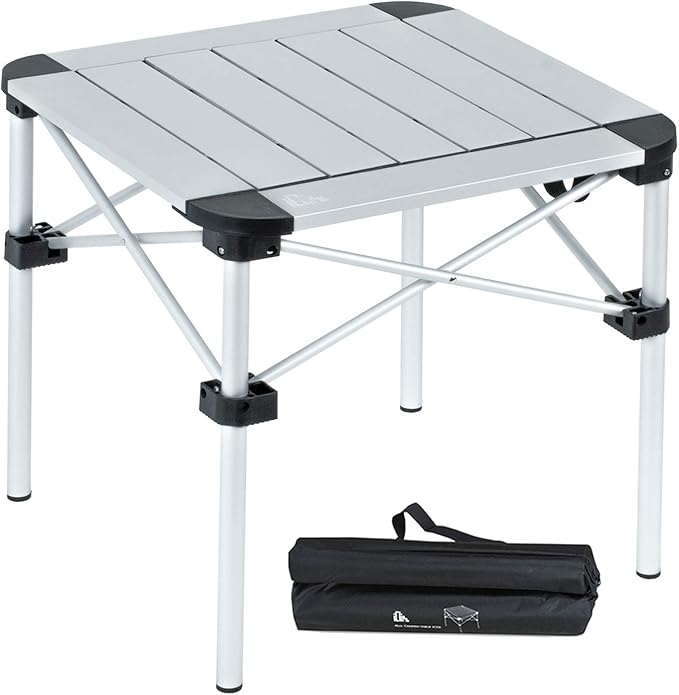 iClimb Lightweight Stable Alu. Folding Square Table Roll Up Top with Carry Bag for Camping Picnic Backyards BBQ Camp Kitchen (Silver S)