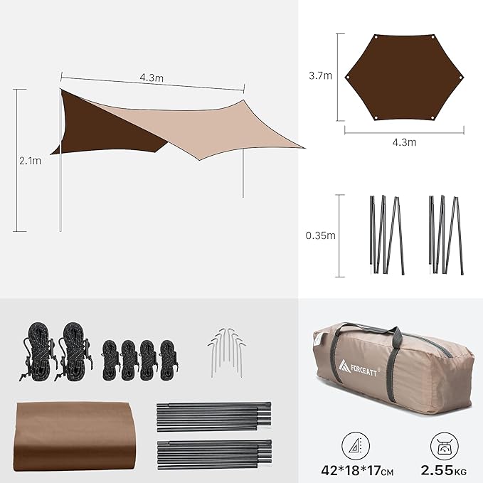 Forceatt 12x14FT Waterproof Camping Tarp with 2 Poles Sun Shelter for Car Tent Hammock in Camping Hiking Backpacking Garden and Traveling