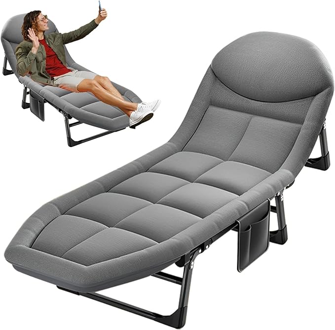 Portable Outdoor Folding Lounge Chair with Adjustable Sleeping Cot Dark Gray Chaise Lounge Chair for Beach Lawn Camping Pool Sun Tanning