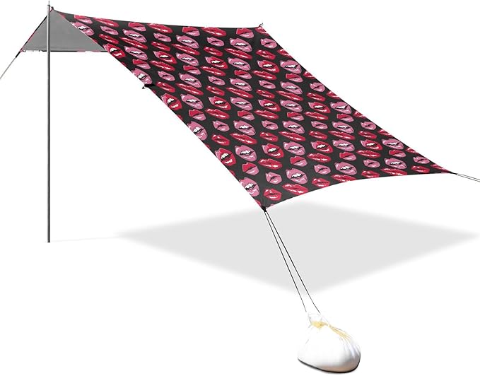 ALAZA Lips Red &amp Pink Beach Tent Sun Shelter UPF50+ Protection Beach Shade Canopy w/ 4 Sandbags for Outdoor Camping Fishing Backyard Fun Picnic 10x9 ft