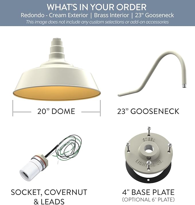 Steel Lighting Co. Large Outdoor Barn Light | Gooseneck Light Fixture | Made in America from 18-Gauge Steel | 20 Dome | 23 Gooseneck Cream Exterior/Brass Interior