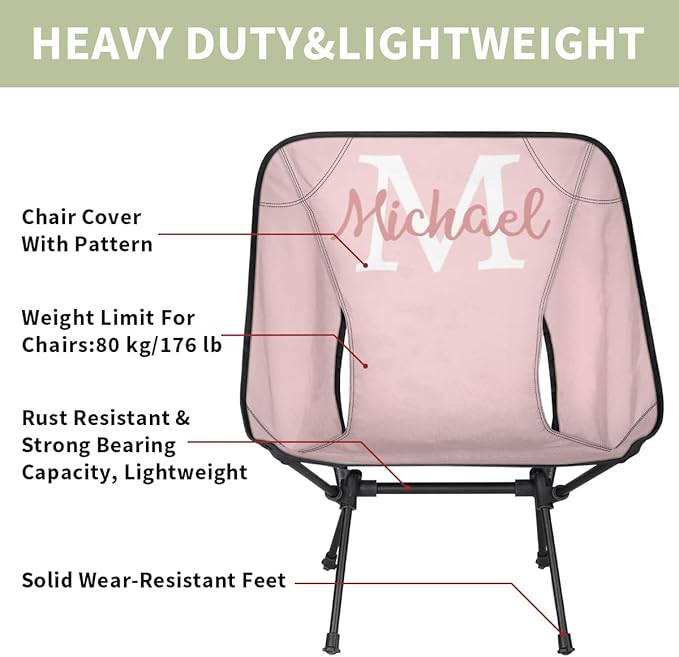 Custom Pink Portable Camping Chair Personalized Backpacking Chair with Name Lightweight Foldable Chairs for Hiking Beach