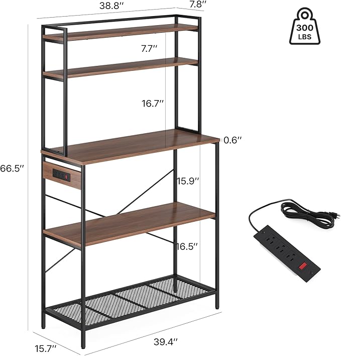 Large 5 Tier Bakers Rack with Electrical Outlets 39 Inch Microwave Stand Coffee Bar Kitchen Storage Shelf for Home Counter Space Organizer