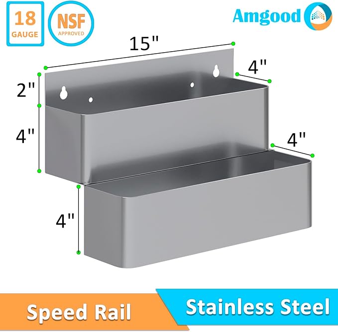 AmGood Stainless Steel Speed Rail Rack for Commercial Bars NSF (15 inch Double Tier Speed Rail Rack)