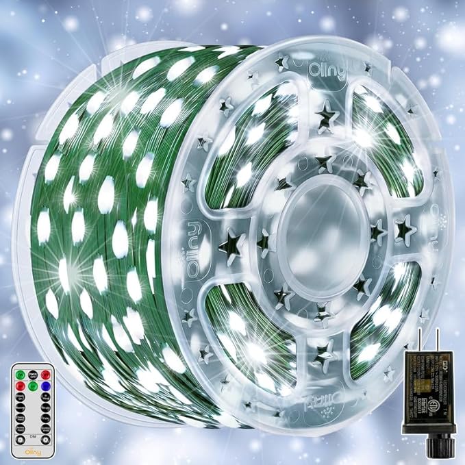 Ollny Christmas Lights 198 FT 600 LED Outdoor Waterproof Plug in Christmas Tree Lights with 8 Modes Remote Timer String Lights for House Yard Outside Indoor Xmas Decorations White