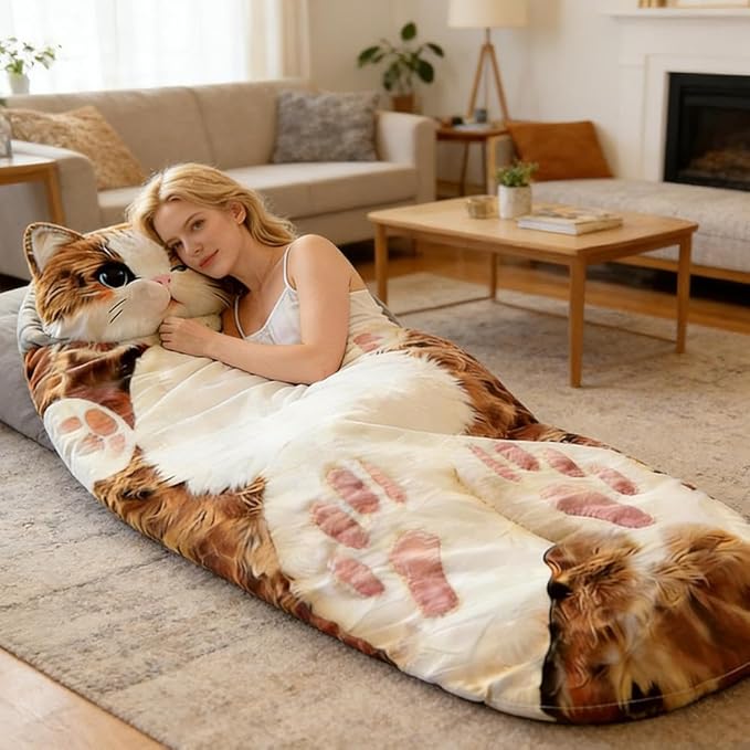 Adult Soft Sleeping Bag – Plush Cat Envelope Sleeping Bag for Camping Sleepovers &amp Home Lounging Washable Warm Blanket 68.9x31.5