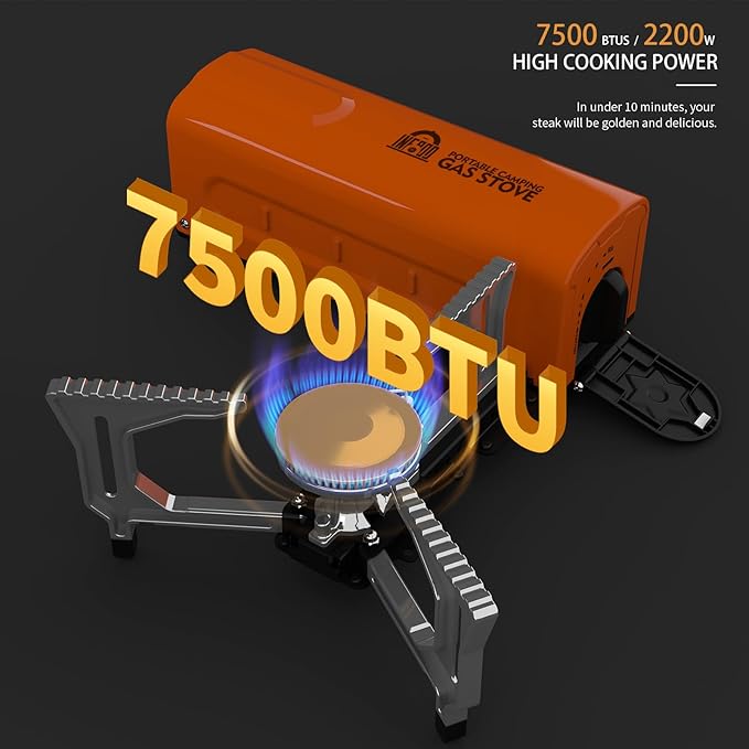 INFOOD Portable Butane Gas Camping Stove - 7500 BTU Compact Folding Design with Carry Bag for Backpacking RV Trips Picnic &amp Outdoor Indoor Cooking Orange