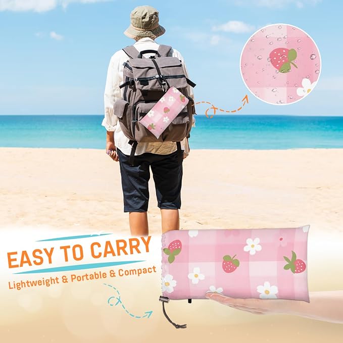 Waterproof Sandproof Beach Blanket 59''×68'' Strawberry Decoration Polyester Outdoor Picnic Blanket with 4 Stakes &amp Storage Bag for BeachCampingVacation Pink