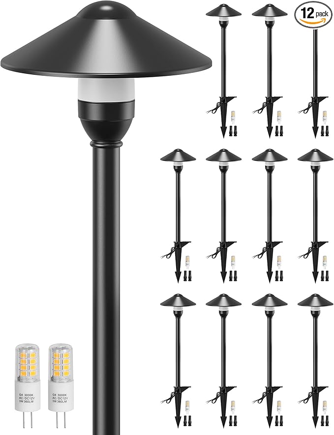PARTPHONER Low Voltage Landscape Lighting 12-Pack Aluminum 12V Pathway Lights with G4 Bulbs Waterproof Stylish Matte Black Color Round Shade Path Lights with Connectors for Walkway Yard Garden