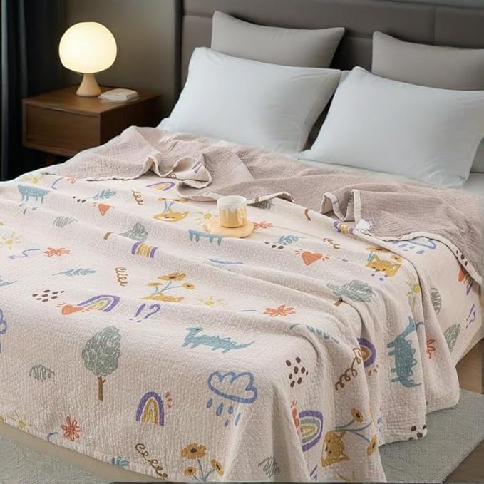 Bnitoam Dinosaur 100% Cotton Bed Blanket 80x92 3 Layer Muslin Blanket Cooling Breathable Lightweight Summer Gauze Throw for Hot Sleepers Adult Birthday Gift (Print Dinosaur 80x92)
