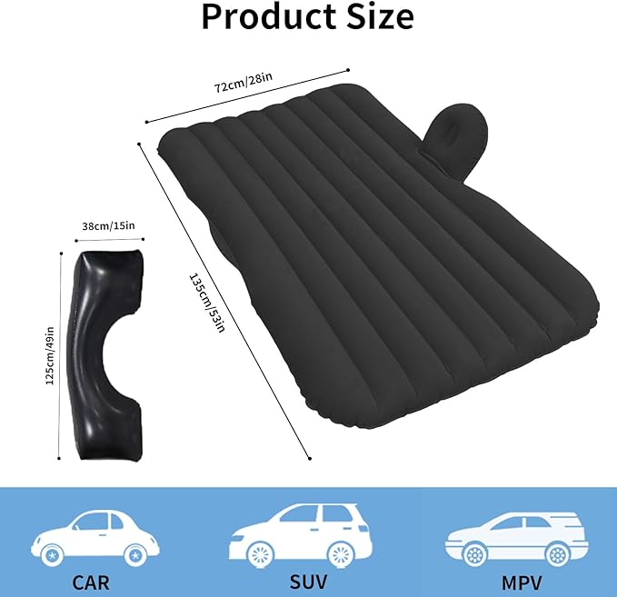Car Air Mattress Inflatable SUV Truck Camping Mattress for Back Seat Thickened Travel Car Bed Sleeping Pad with Inflatable Pier Air Pump 2 Pillows (Black)