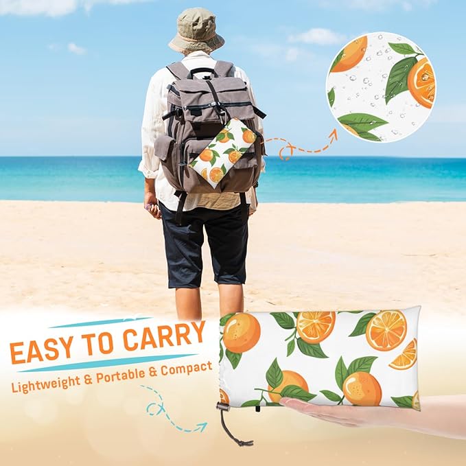Waterproof Sandproof Beach Blanket 59''×68'' Orange Polyester Outdoor Picnic Blanket with 4 Stakes &amp Storage Bag for BeachCampingVacation White Bottom