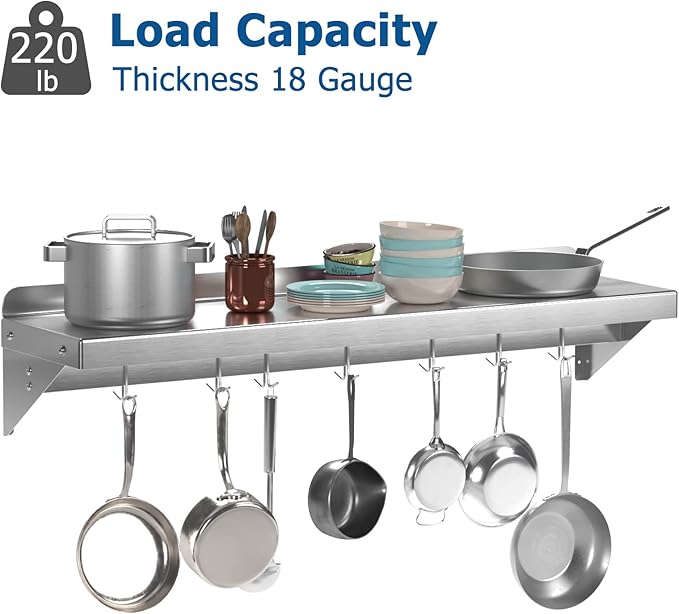 12 x 48 NSF Certified Stainless Steel Wall Mount Shelf - Multifunctional Metal Storage Rack with Backsplash and 7 Hooks