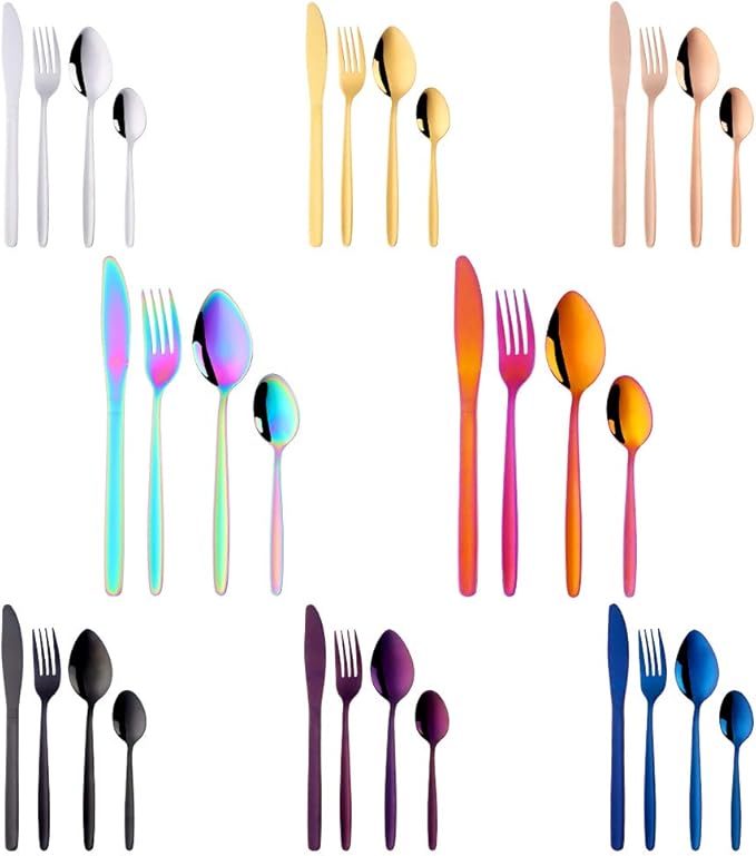 32-Piece Silverware Set for 8 BuyGo Stainless Steel Multicolor Camping Flatware Dinnerware Sets Hand Polish Dishwasher Safe
