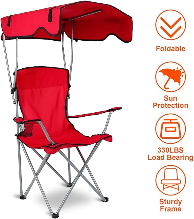 iMounTEK Camp Chair Foldable Canopy Camp Chair with Shade Sun Protection Camping Recliner with Carry Bag Support 330LBS Load Folding Seat with Cup Holder for Fishing/Beach/Travel/Picnic(Red