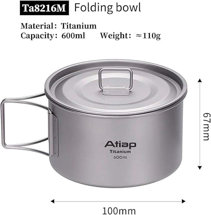 Titanium Bowl Pot with Foldable Handle Single-Wall Titanium Cooking Tableware Bowl with Folding Handle for Outdoor Camping Hiking Picnic (600ML with Lid)