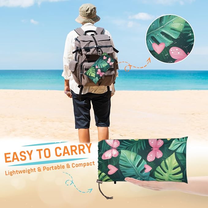 Waterproof Sandproof Beach Blanket 59''×68'' Artificial Palm Leaves Polyester Outdoor Picnic Blanket with 4 Stakes &amp Storage Bag for BeachCampingVacation Green