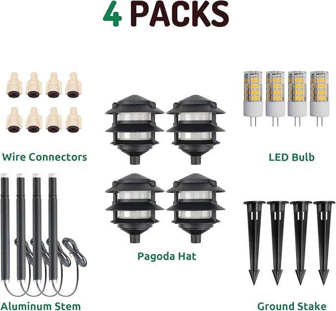 Lumina Lighting® Low Voltage Landscape Lighting Cast-Aluminum Pagoda Path and Area Light Warm White 4W G4 LED Bulb and ABS Ground Stake Included for Yard Walkway Lawn PAL0103-BKLED4 (Black4-Pack)