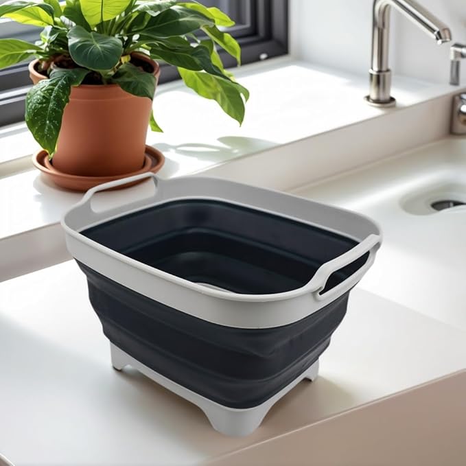 SAMMART 7.5L (2 Gallons) Collapsible Dishpan with Draining Plug - Foldable Washing Basin - Portable Dish Washing Tub - Space Saving (Grey/Slate Grey 1)