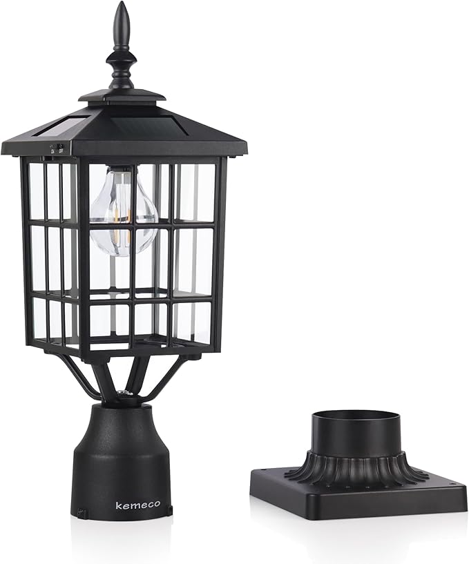 Kemeco ST4224Q-A Solar Post Light Outdoor Landscape Led Squared Frame Fixture with 3 Pier Mount Base for Garden Street Post Pole Yard Driveway Entryways (Black)