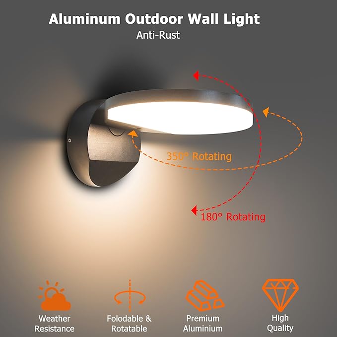 Outdoor Wall Light 18W 1980LM Black Aluminum Outdoor Lights IP65 Waterproof Rotatable Sconce Lighting LED Porch Lights 3000K Foldable Patio Wall Light Fixture for House Garage Round