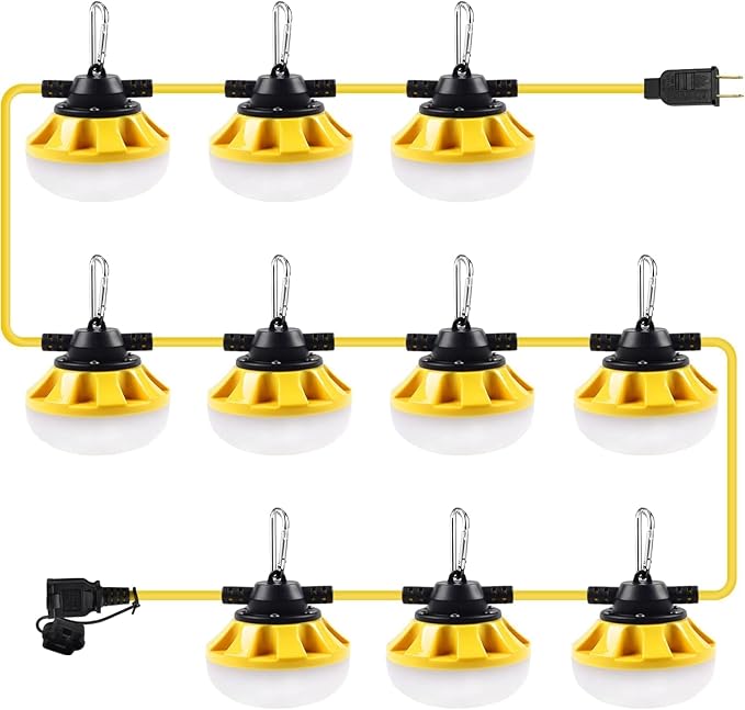 100FT LED Construction String Lights 10 Bulbs10000LMIndustrial GradeWeatherproof Linkable 5000K Super Bright for Job Sites Mining Patios &amp Outdoor WorkFree for Climbing Hook 2Prong