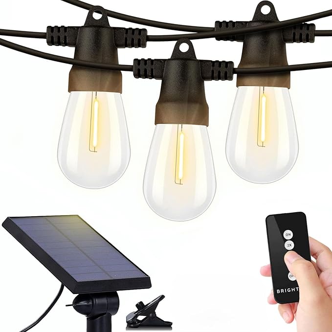 Brightech Ambience Pro Solar Powered Outdoor String Lights 27ft Remote Control Commercial Grade Waterproof Patio Lights 12 Edison Bulbs Shatterproof LED String Lights for Outside - 1W Soft White