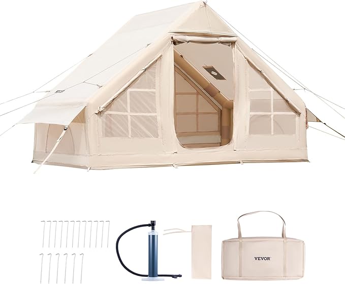 VEVOR Inflatable Tents for Camping Easy Setup Blow up Tent with Hand Pump 4 Season Glamping Tent with Stove Jack Doors &amp Mesh Windows Storage Bag Included for Easy Taking