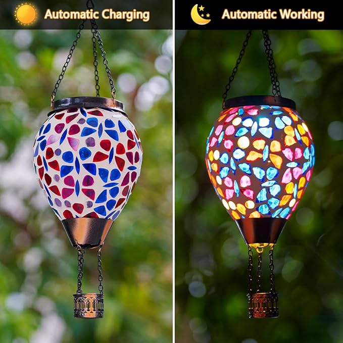 Mosica Hot Air Balloon Solar Lantern Glass Hanging Solars Lanterns Outdoor Waterproof Decorative Solar Light for Garden Yard Patio Decor(Butterfly Pattern)