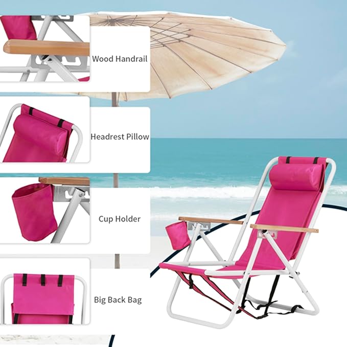 1Pcs Folding Beach Chair Set for Adults4 Position Portable Backpack Foldable Camping Chair with Headrest Cup Holder and Wooden ArmrestsAdjustable high Beach Lounge Chairs for Outdoor (1PcsRed)