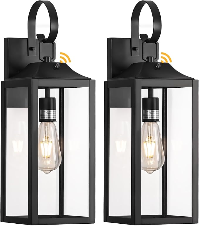 19 Large Dusk to Dawn Outdoor Lighting 2 Pack Black Sensor Porch Lights Exterior Lighting Fixtures Modern Wall Lantern Outdoor Wall Lights Waterproof Wall Sconce Lamp for House Doorway Garage