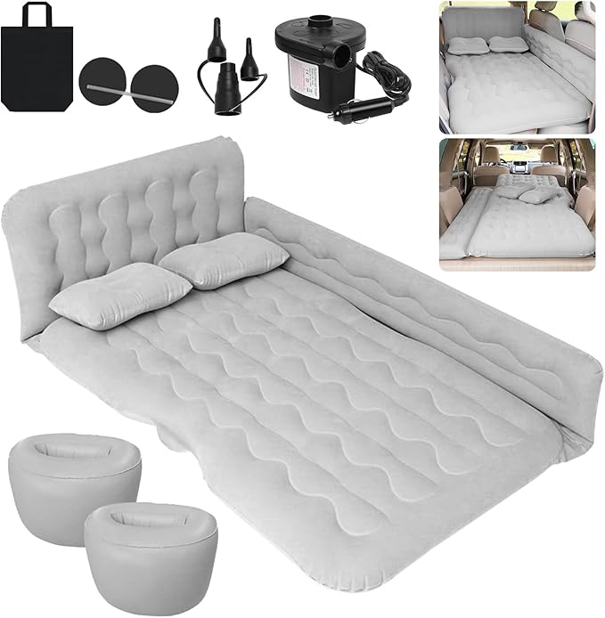 ISWEES Car Bed SUV Air Mattress Car Air Mattress with Electric Pump 2 Inflatable Pillows and 2 Footrests for Back Seat Side SeatTrunk Sleeping Thickened Camping Bed - Grey